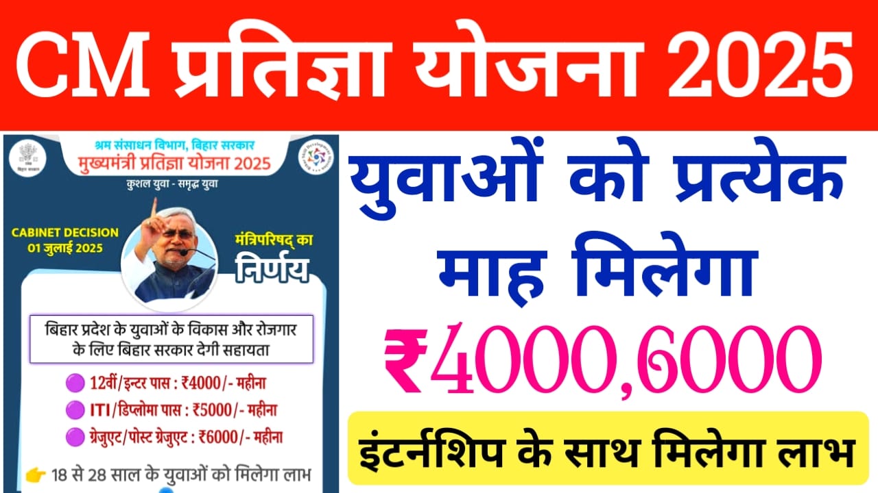 Mukhyamantri Pratigya Yojana:मुख्यमंत्री प्रतिज्ञा योजना इंटर्नशिप के साथ हर महीने ₹6000 मिलेंगे, Best लिंक 👇👇👇