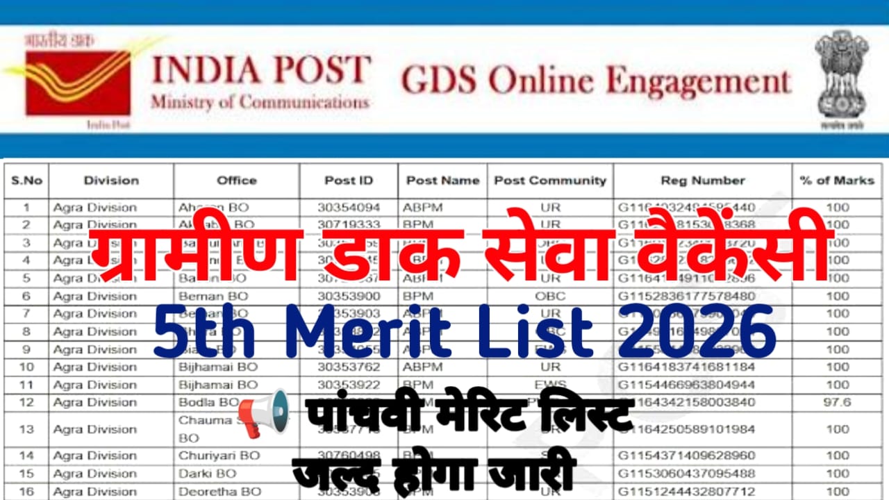 India Post GDS 5th Merit List 2026:भारतीय ग्रामीण डाक सेवक भर्ती पांचवी मेरिट लिस्ट जल्द होगी जारी इन सभी दस्तावेज तैयार रखें
